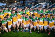 19 May 2025; Offaly players celebrate after their side's victory in the Electric Ireland Leinster GAA Football Minor Championship final match between Offaly and Louth at Cedral St Conleth's Park in Newbridge, Kildare. Photo by Piaras Ó Mídheach/Sportsfile