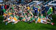 19 May 2025; Offaly players celebrate after their side's victory in the Electric Ireland Leinster GAA Football Minor Championship final match between Offaly and Louth at Cedral St Conleth's Park in Newbridge, Kildare. Photo by Piaras Ó Mídheach/Sportsfile