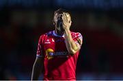 19 May 2025; JJ Lunney of Shelbourne reacts after the SSE Airtricity Men's Premier Division match between Shelbourne and Drogheda United at Tolka Park in Dublin. Photo by Tyler Miller/Sportsfile