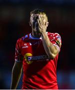 19 May 2025; JJ Lunney of Shelbourne reacts after the SSE Airtricity Men's Premier Division match between Shelbourne and Drogheda United at Tolka Park in Dublin. Photo by Tyler Miller/Sportsfile
