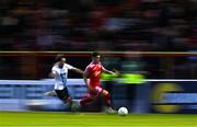 19 May 2025; Ryan O'Kane of Shelbourne in action against Darragh Markey of Drogheda United during the SSE Airtricity Men's Premier Division match between Shelbourne and Drogheda United at Tolka Park in Dublin. Photo by Sam Barnes/Sportsfile
