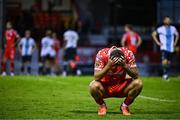 19 May 2025; John O'Sullivan of Shelbourne reacts at the final whistle after the SSE Airtricity Men's Premier Division match between Shelbourne and Drogheda United at Tolka Park in Dublin. Photo by Sam Barnes/Sportsfile