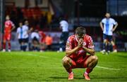 19 May 2025; John O'Sullivan of Shelbourne reacts at the final whistle after the SSE Airtricity Men's Premier Division match between Shelbourne and Drogheda United at Tolka Park in Dublin. Photo by Sam Barnes/Sportsfile