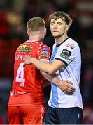19 May 2025; Andrew Quinn of Drogheda United, right, and Kameron Ledwidge of Shelbourne shake hands after the SSE Airtricity Men's Premier Division match between Shelbourne and Drogheda United at Tolka Park in Dublin. Photo by Sam Barnes/Sportsfile