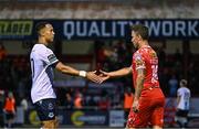 19 May 2025; Douglas James-Taylor of Drogheda United, left, and John O'Sullivan of Shelbourne shake hands after the SSE Airtricity Men's Premier Division match between Shelbourne and Drogheda United at Tolka Park in Dublin. Photo by Sam Barnes/Sportsfile