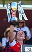 18 May 2025; Louth captain Áine Breen lifts the trophy after her side's victory in the TG4 Leinster LGFA Junior Championship final match between Carlow and Louth at TEG Cusack Park in Mullingar, Westmeath. Photo by Seb Daly/Sportsfile