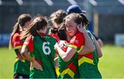 18 May 2025; Carlow players after their side's defeat in the TG4 Leinster LGFA Junior Championship final match between Carlow and Louth at TEG Cusack Park in Mullingar, Westmeath. Photo by Seb Daly/Sportsfile