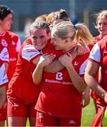 18 May 2025; Louth players Mischa Rooney, left, and Victoria Fee after their side's victory in the TG4 Leinster LGFA Junior Championship final match between Carlow and Louth at TEG Cusack Park in Mullingar, Westmeath. Photo by Seb Daly/Sportsfile