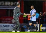 19 May 2025; Drogheda United manager Kevin Doherty, left, with Ryan Brennan of Drogheda United after the SSE Airtricity Men's Premier Division match between Shelbourne and Drogheda United at Tolka Park in Dublin. Photo by Sam Barnes/Sportsfile