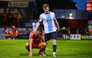 19 May 2025; John O'Sullivan of Shelbourne and Conor Kane of Drogheda United react at the final whistle during the SSE Airtricity Men's Premier Division match between Shelbourne and Drogheda United at Tolka Park in Dublin. Photo by Sam Barnes/Sportsfile