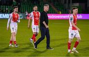 19 May 2025; St Patrick's Athletic manager Stephen Kenny with players, from left, Jay McClelland, Ryan McLaughlin and Brandon Kavanagh after the SSE Airtricity Men's Premier Division match between Shamrock Rovers and St Patrick's Athletic at Tallaght Stadium in Dublin. Photo by Stephen McCarthy/Sportsfile