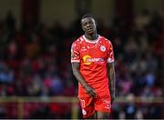 19 May 2025; Mipo Odubeko of Shelbourne reacts to a missed chance during the SSE Airtricity Men's Premier Division match between Shelbourne and Drogheda United at Tolka Park in Dublin. Photo by Sam Barnes/Sportsfile