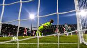 19 May 2025; Shamrock Rovers goalkeeper Ed McGinty watches a shot from Mason Melia of St Patrick's Athletic during the SSE Airtricity Men's Premier Division match between Shamrock Rovers and St Patrick's Athletic at Tallaght Stadium in Dublin. Photo by Stephen McCarthy/Sportsfile