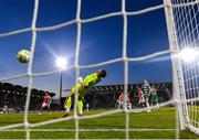 19 May 2025; Shamrock Rovers goalkeeper Ed McGinty watches a shot from Mason Melia of St Patrick's Athletic during the SSE Airtricity Men's Premier Division match between Shamrock Rovers and St Patrick's Athletic at Tallaght Stadium in Dublin. Photo by Stephen McCarthy/Sportsfile