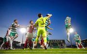 19 May 2025; Shamrock Rovers goalkeeper Ed McGinty and Josh Honohan combine to clear a St Patrick's Athletic attack during the SSE Airtricity Men's Premier Division match between Shamrock Rovers and St Patrick's Athletic at Tallaght Stadium in Dublin. Photo by Stephen McCarthy/Sportsfile
