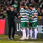 19 May 2025; Shamrock Rovers manager Stephen Bradley with players, from left, Dylan Watts, Danny Mandroiu and Aaron Greene during the SSE Airtricity Men's Premier Division match between Shamrock Rovers and St Patrick's Athletic at Tallaght Stadium in Dublin. Photo by Stephen McCarthy/Sportsfile