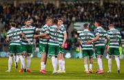 19 May 2025; Shamrock Rovers players celebrate after Graham Burke, 10, scored their side's third goal during the SSE Airtricity Men's Premier Division match between Shamrock Rovers and St Patrick's Athletic at Tallaght Stadium in Dublin. Photo by Stephen McCarthy/Sportsfile