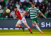 19 May 2025; Aidan Keena of St Patrick's Athletic in action against Lee Grace of Shamrock Rovers during the SSE Airtricity Men's Premier Division match between Shamrock Rovers and St Patrick's Athletic at Tallaght Stadium in Dublin. Photo by Stephen McCarthy/Sportsfile