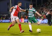 19 May 2025; Trevor Clarke of Shamrock Rovers in action against Zach Elbouzedi of St Patrick's Athletic during the SSE Airtricity Men's Premier Division match between Shamrock Rovers and St Patrick's Athletic at Tallaght Stadium in Dublin. Photo by Stephen McCarthy/Sportsfile