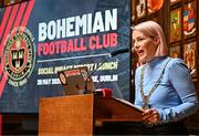 20 May 2025; Lord Mayor of Dublin Cllr Emma Blain speaking the launch of Bohemian Football Club Social Impact Report at the Mansion House in Dublin. Photo by Sam Barnes/Sportsfile