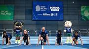 22 May 2025; At the launch of the Sport Ireland Campus partnership with Allianz Ireland and Team Ireland for its school tours were students from Hansfield Educate Together National School, three-time Olympian Thomas Barr and two-time Olympian Ellen Walshe. Photo by Seb Daly/Sportsfile