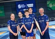 22 May 2025; At the launch of the Sport Ireland Campus partnership with Allianz Ireland and Team Ireland for its school tours were students from Hansfield Educate Together National School, three-time Olympian Thomas Barr and two-time Olympian Ellen Walshe. Photo by Seb Daly/Sportsfile