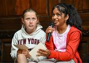 20 May 2025; In attendance at the launch of Bohemian Football Club Social Impact Report are Paradise Place EDNS pupils Bianca Pednekar, right, and Hallie Quirke at the Mansion House in Dublin. Photo by Sam Barnes/Sportsfile