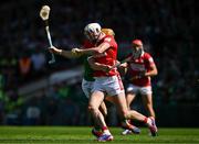 18 May 2025; Tim O'Mahony of Cork is tackled by Adam English of Limerick during the Munster GAA Hurling Senior Championship Round 4 match between Limerick and Cork at TUS Gaelic Grounds in Limerick. Photo by Sam Barnes/Sportsfile