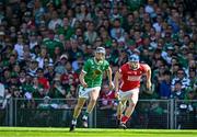 18 May 2025; David Reidy of Limerick in action against Seán O’Donoghue of Cork during the Munster GAA Hurling Senior Championship Round 4 match between Limerick and Cork at TUS Gaelic Grounds in Limerick. Photo by Sam Barnes/Sportsfile