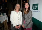 20 May 2025; Federation of Irish Sport CEO Mary O'Connor, left, and Social Democrats TD Sinéad Gibney arrive during the Irish Sport Industry Awards 2025 at College Green Hotel in Dublin. Photo by David Fitzgerald/Sportsfile