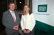 20 May 2025; Fianna Fáil TD Malcolm Byrne, left, and Federation of Irish Sport CEO Mary O'Connor arrive during the Irish Sport Industry Awards 2025 at College Green Hotel in Dublin. Photo by David Fitzgerald/Sportsfile