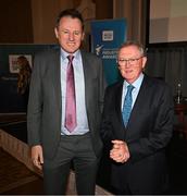 20 May 2025; Minister of State at the Department of Tourism, Culture, Arts, Gaeltacht, Sport, left, and MC Sean O'Rourke during the Irish Sport Industry Awards 2025 at College Green Hotel in Dublin. Photo by David Fitzgerald/Sportsfile