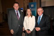 20 May 2025; Minister of State at the Department of Tourism, Culture, Arts, Gaeltacht, Sport and Media Charlie McConalogue TD, left, Federation of Irish Sport CEO Mary O'Connor, centre, and MC Sean O'Rourke during the Irish Sport Industry Awards 2025 at College Green Hotel in Dublin. Photo by David Fitzgerald/Sportsfile