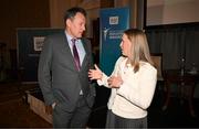20 May 2025; Minister of State at the Department of Tourism, Culture, Arts, Gaeltacht, Sport and Media Charlie McConalogue TD, left, and Federation of Irish Sport CEO Mary O'Connor during the Irish Sport Industry Awards 2025 at College Green Hotel in Dublin. Photo by David Fitzgerald/Sportsfile
