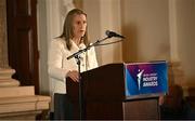 20 May 2025; Federation of Irish Sport CEO Mary O'Connor speaking during the Irish Sport Industry Awards 2025 at College Green Hotel in Dublin. Photo by David Fitzgerald/Sportsfile