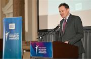 20 May 2025; Minister of State at the Department of Tourism, Culture, Arts, Gaeltacht, Sport and Media Charlie McConalogue TD speaking during the Irish Sport Industry Awards 2025 at College Green Hotel in Dublin. Photo by David Fitzgerald/Sportsfile