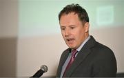 20 May 2025; Minister of State at the Department of Tourism, Culture, Arts, Gaeltacht, Sport and Media Charlie McConalogue TD speaking during the Irish Sport Industry Awards 2025 at College Green Hotel in Dublin. Photo by David Fitzgerald/Sportsfile
