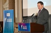 20 May 2025; Minister of State at the Department of Tourism, Culture, Arts, Gaeltacht, Sport and Media Charlie McConalogue TD speaking during the Irish Sport Industry Awards 2025 at College Green Hotel in Dublin. Photo by David Fitzgerald/Sportsfile
