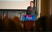 20 May 2025; Minister of State at the Department of Tourism, Culture, Arts, Gaeltacht, Sport and Media Charlie McConalogue TD speaking during the Irish Sport Industry Awards 2025 at College Green Hotel in Dublin. Photo by David Fitzgerald/Sportsfile