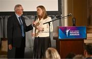20 May 2025; Federation of Irish Sport CEO Mary O'Connor, right, in conversation with MC Sean O'Rourke during the Irish Sport Industry Awards 2025 at College Green Hotel in Dublin. Photo by David Fitzgerald/Sportsfile