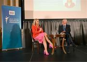 20 May 2025; Senator Evanne Ní Chuilinn in conversation with MC Sean O'Rourke during the Irish Sport Industry Awards 2025 at College Green Hotel in Dublin. Photo by David Fitzgerald/Sportsfile