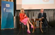 20 May 2025; Senator Evanne Ní Chuilinn in conversation with MC Sean O'Rourke during the Irish Sport Industry Awards 2025 at College Green Hotel in Dublin. Photo by David Fitzgerald/Sportsfile