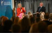 20 May 2025; Senator Evanne Ní Chuilinn in conversation with MC Sean O'Rourke during the Irish Sport Industry Awards 2025 at College Green Hotel in Dublin. Photo by David Fitzgerald/Sportsfile