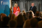 20 May 2025; Senator Evanne Ní Chuilinn in conversation with MC Sean O'Rourke during the Irish Sport Industry Awards 2025 at College Green Hotel in Dublin. Photo by David Fitzgerald/Sportsfile