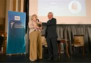 20 May 2025; Dublin's FM104 Senior Senior News and Sports Journalist Hazel Nolan in conversation with MC Sean O'Rourke after being presented with the Jimmy Magee Sports Media Coverage of the Year, in association with the ASJI award during the Irish Sport Industry Awards 2025 at College Green Hotel in Dublin. Photo by David Fitzgerald/Sportsfile