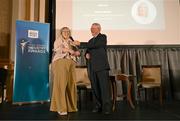 20 May 2025; Dublin's FM104 Senior Senior News and Sports Journalist Hazel Nolan in conversation with MC Sean O'Rourke after being presented with the Jimmy Magee Sports Media Coverage of the Year, in association with the ASJI award during the Irish Sport Industry Awards 2025 at College Green Hotel in Dublin. Photo by David Fitzgerald/Sportsfile