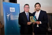 20 May 2025; Chair of Sport Ireland John Foley presents the Best New Sports Business of the Year Award award to Hexis co-founder Dr David Dunne during the Irish Sport Industry Awards 2025 at College Green Hotel in Dublin. Photo by David Fitzgerald/Sportsfile