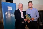 20 May 2025; Patrick Magee CEO wiistream is presented with the Best Use of Communications Platform in Sport award by Future Ticketing Head of Sales & Business Development Ronan Burns during the Irish Sport Industry Awards 2025 at College Green Hotel in Dublin. Photo by David Fitzgerald/Sportsfile