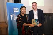 20 May 2025; Clubspot founder John Hyland is presented with the Best Sports Business of the Year Award by Michelle Hesso of Technology Ireland DIGITAL Skillnet during the Irish Sport Industry Awards 2025 at College Green Hotel in Dublin. Photo by David Fitzgerald/Sportsfile