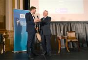 20 May 2025; Clubspot founder John Hyland in conversation with MC Sean O'Rourke after being presented with the Best Sports Business of the Year Award during the Irish Sport Industry Awards 2025 at College Green Hotel in Dublin. Photo by David Fitzgerald/Sportsfile